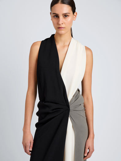 Proenza Schouler Detail image of model wearing Elsa Dress in Matte Double Crepe in Black Multi