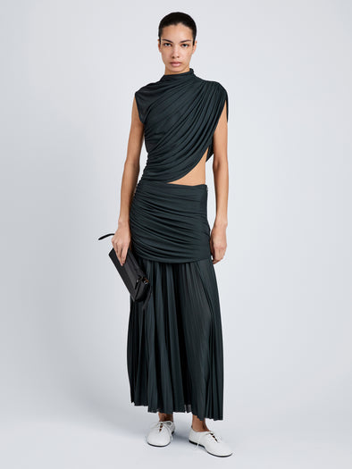 Proenza Schouler Front full length image of model wearing Irma Dress in Gauzy Jersey in Bottle Green