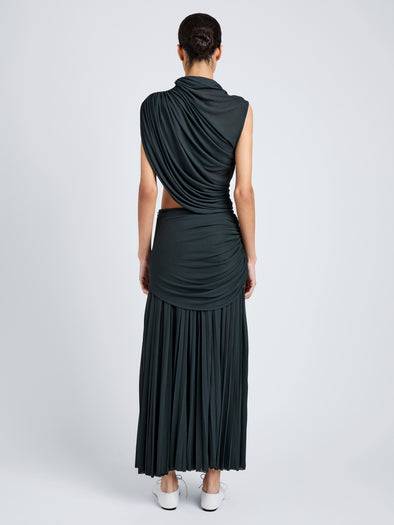 Proenza Schouler Back full length image of model wearing Irma Dress in Gauzy Jersey in Bottle Green