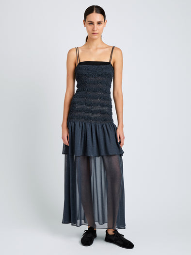 Proenza Schouler Front full length image of model wearing Michal Dress in Melange Georgette in Dark Navy