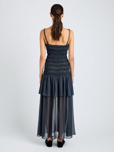 Proenza Schouler Back full length image of model wearing Michal Dress in Melange Georgette in Dark Navy