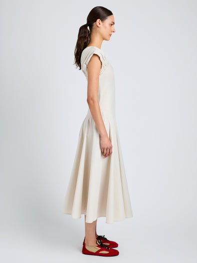 Proenza Schouler Side full length image of model wearing Manoela Dress in Eco Light Compact Poplin in White