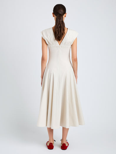 Proenza Schouler Back full length image of model wearing Manoela Dress in Eco Light Compact Poplin in White