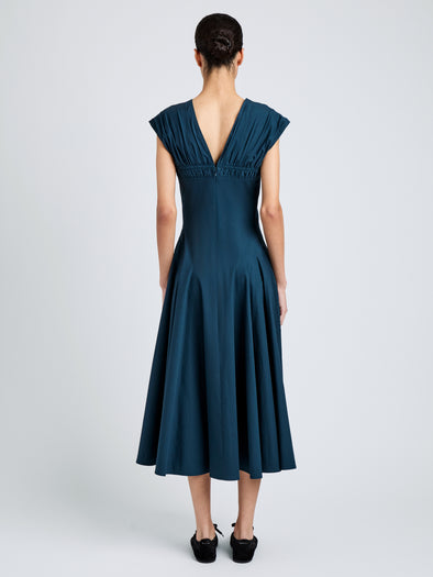 Proenza Schouler Back full length image of model wearing Manoela Dress in Eco Light Compact Poplin in Dark Spruce