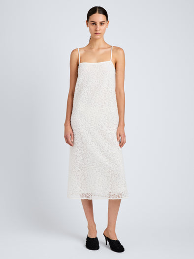 Proenza Schouler Front full length image of model wearing Virginie Dress in Fringe Embroidery in Off White