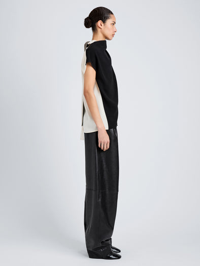 Proenza Schouler Side full length image of model wearing Elsa Top in Matte Double Crepe in Black Multi