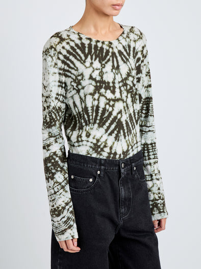 Proenza Schouler Detail image of model wearing Mia Top in Tie Dye Tissue Jersey in Caper Multi