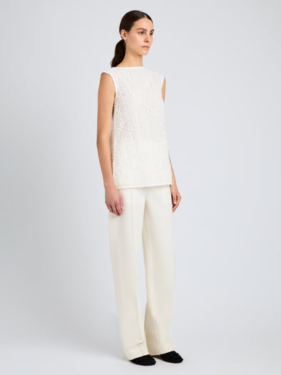 Proenza Schouler Side full length image of model wearing Virginie Top in Fringe Embroidery in Off White