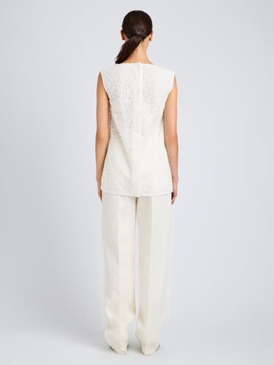 Proenza Schouler Back full length image of model wearing Virginie Top in Fringe Embroidery in Off White