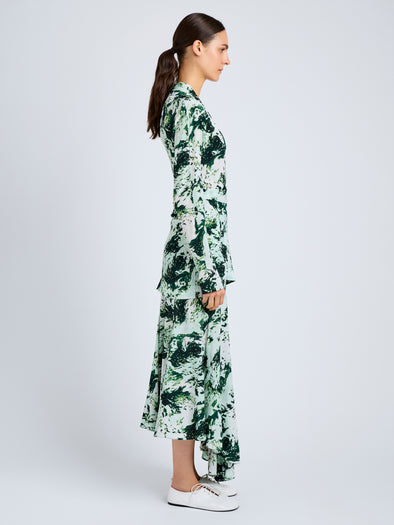 Proenza Schouler Side full length image of model wearing Adela Top in Printed Silk Viscose in Dark Green Multi