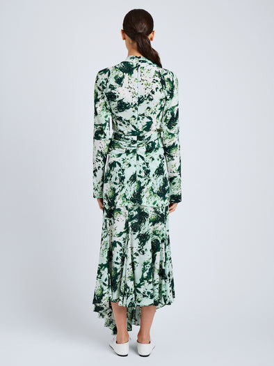 Proenza Schouler Back full length image of model wearing Adela Top in Printed Silk Viscose in Dark Green Multi