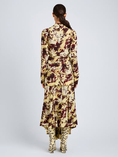 Proenza Schouler Back full length image of model wearing Adela Top in Printed Silk Viscose in Rust Multi