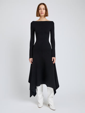 Proenza Schouler Front full length image of model wearing Romi Dress in Textured Sculpted Viscose in Black