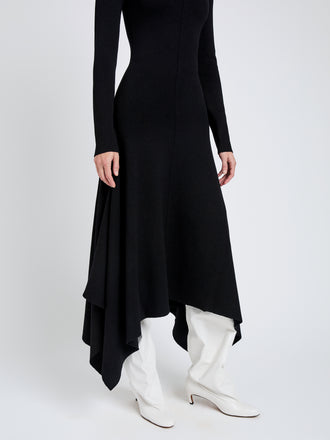 Proenza Schouler Detail image of model wearing Romi Dress in Textured Sculpted Viscose in Black