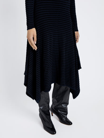Proenza Schouler detail image of model wearing Didi Dress in Matte Viscose Velvet Stripe in navy/black