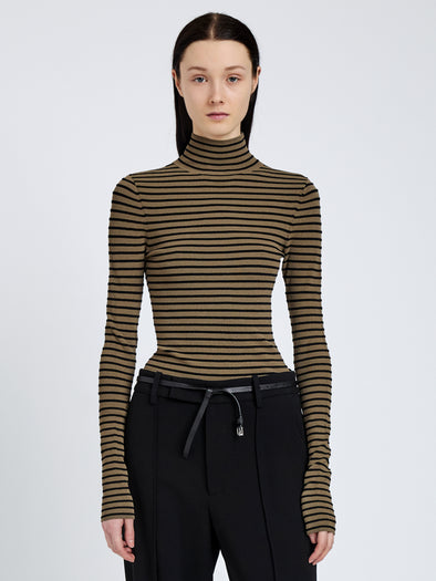 Proenza Schouler cropped front image of Didi Top in Matte Viscose Velvet Stripe in khaki/black