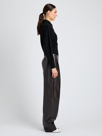 Proenza Schouler Side full length image of model wearing Rocio Cardigan in Cashmere in Black