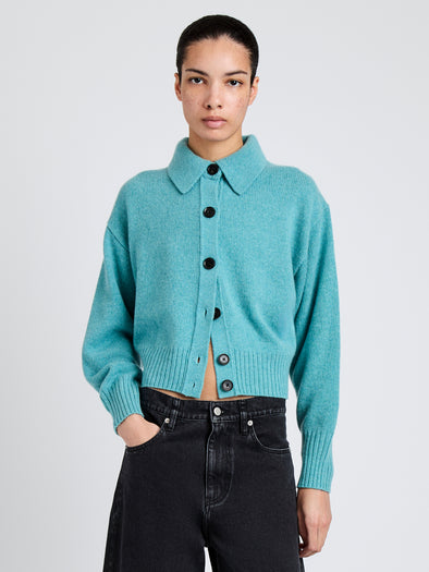Proenza Schouler Front cropped image of model wearing Rocio Cardigan in Cashmere in Teal