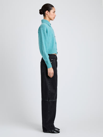 Proenza Schouler Side full length image of model wearing Rocio Cardigan in Cashmere in Teal