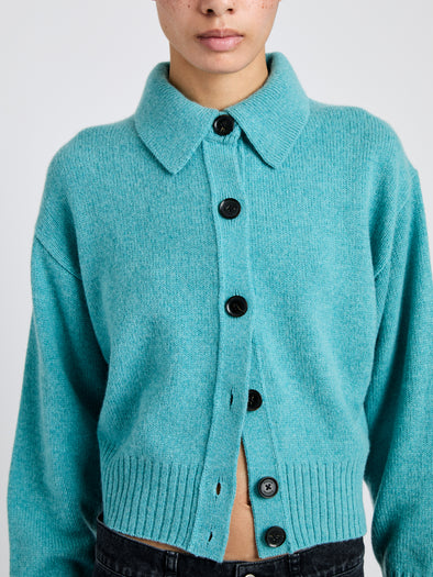 Proenza Schouler Detail image of model wearing Rocio Cardigan in Cashmere in Teal