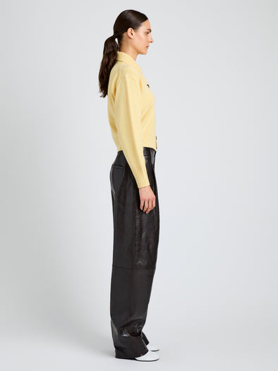 Proenza Schouler Side full length image of model wearing Rocio Cardigan in Cashmere in Pale Yellow