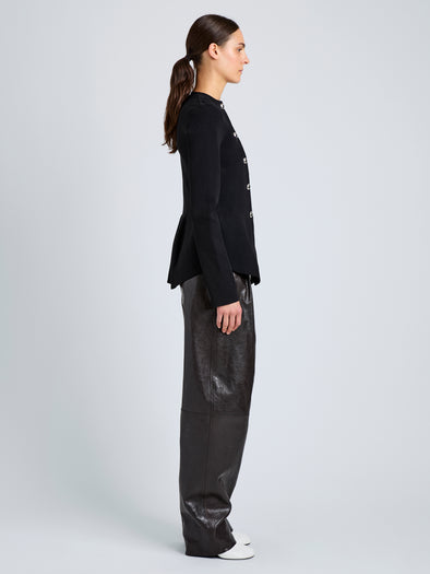 Proenza Schouler Side full length image of model wearing Dasha Jacket in Compact Viscose in Black