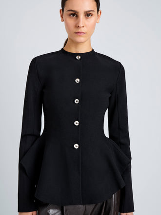 Proenza Schouler Detail image of model wearing Dasha Jacket in Compact Viscose in Black
