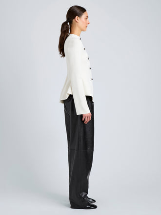 Proenza Schouler Side full length image of model wearing Dasha Jacket in Compact Viscose in Off White