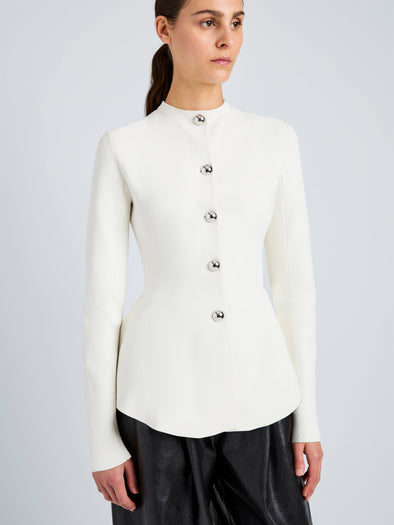Proenza Schouler Detail image of model wearing Dasha Jacket in Compact Viscose in Off White