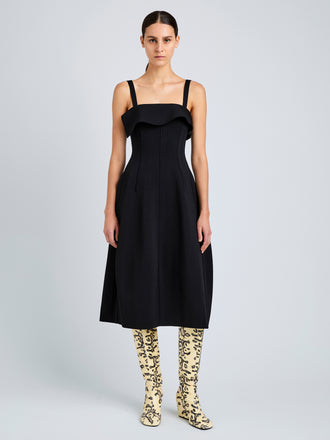 Proenza Schouler Front full length image of model wearing Blanca Dress in Compact Viscose in Black