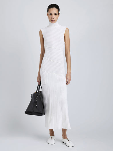 Proenza Schouler Front full length image of model wearing Federica Dress in Micro Pleat Knit in White