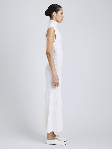 Proenza Schouler Side full length image of model wearing Federica Dress in Micro Pleat Knit in White