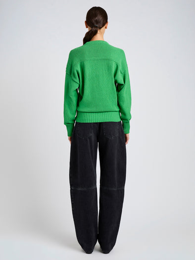 Proenza Schouler Back full length image of model wearing Niccola Top in Cotton Tape Knit in Green