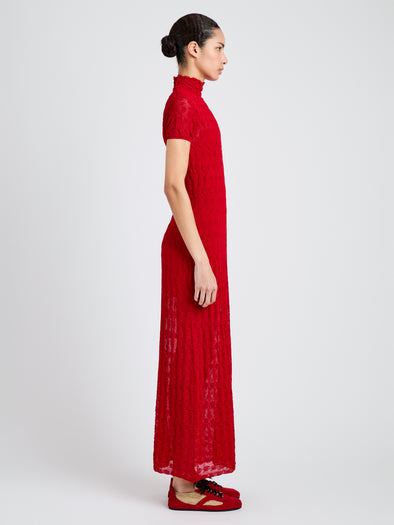 Proenza Schouler Side full length image of model wearing Zein Dress in Geo Textured Knit in Vermillion