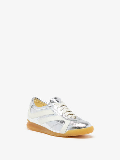 Proenza Schouler front 3/4 image of Track Sneakers in Crinkled Metallic in silver