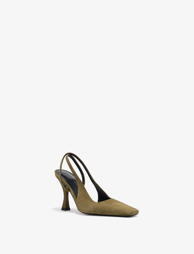 3/4 Front image of Trap Cross Slingback Pumps in Kidsuede in Moss