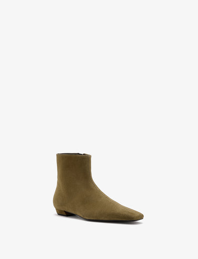 3/4 Front image of Trap Flat Ankle Boots in Kidsuede in Moss