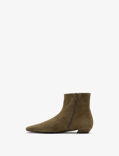 3/4 Back image of Trap Flat Ankle Boots in Kidsuede in Moss