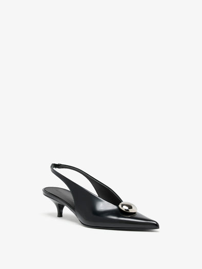 Proenza Schouler 3/4 Front image of Dome Slash Slingbacks in Polished Calf in Black