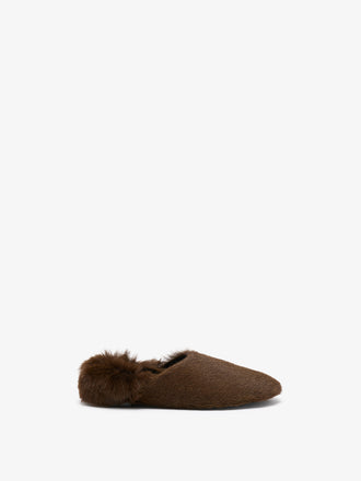 Proenza Schouler Front image of Ruched Tee Slippers in Shearling in Chocolate