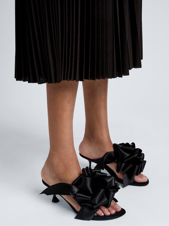Proenza Schouler Image of model wearing Tee Souvenir Sandals in Satin in Black