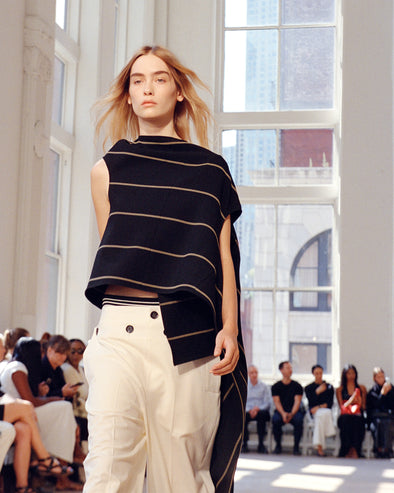 Model walking Proenza Schouler SS25 Runway show wearing Sutton Top in Stripe Bi-Stretch Viscose in black multi