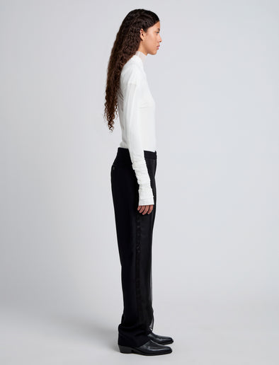 Proenza Schouler side image of model wearing Teddy Pant in Wool Twill Suiting with Organza in black