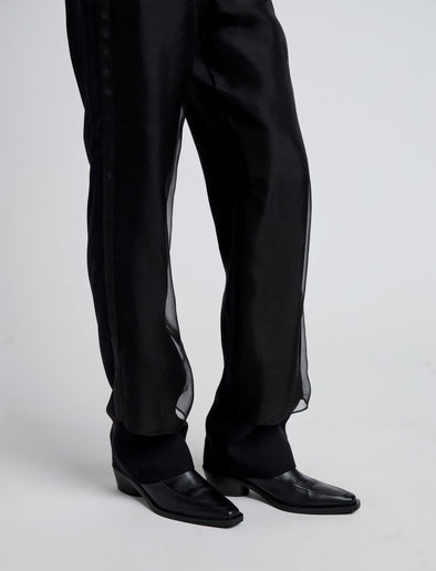 Proenza Schouler detail image of model wearing Teddy Pant in Wool Twill Suiting with Organza in black
