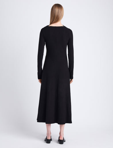 Back image of model wearing Isabella Dress in Brushed Rib in black