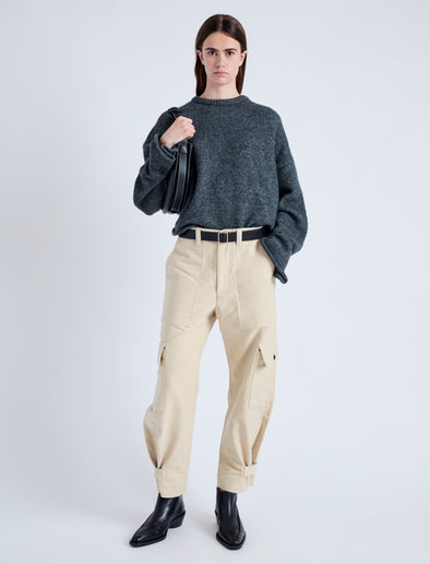 Front image of model wearing Kay Cargo Pant in CANVAS