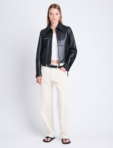 Front full length image of model wearing Annabel Jacket In Lightweight Leather in BLACK