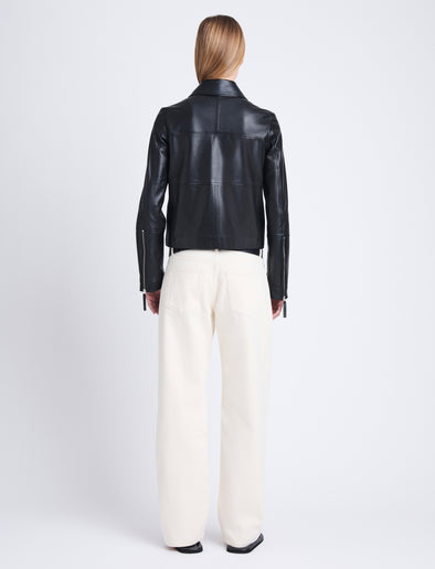 Back full length image of model wearing Annabel Jacket In Lightweight Leather in BLACK