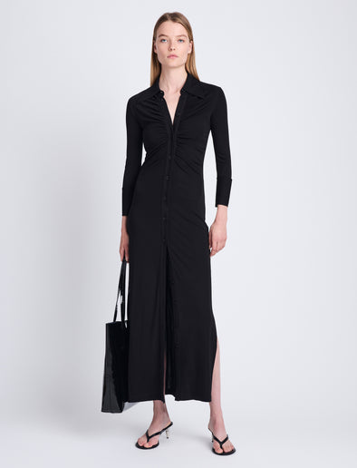 Front full length image of model wearing Clara Dress In Matte Crepe Jersey in BLACK