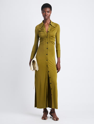Front full length image of model wearing Clara Dress In Matte Crepe Jersey in OLIVE